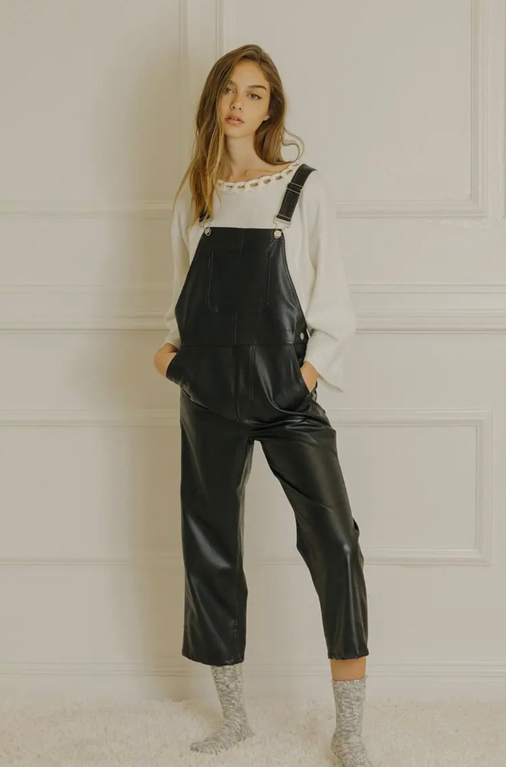 Faux leather overalls