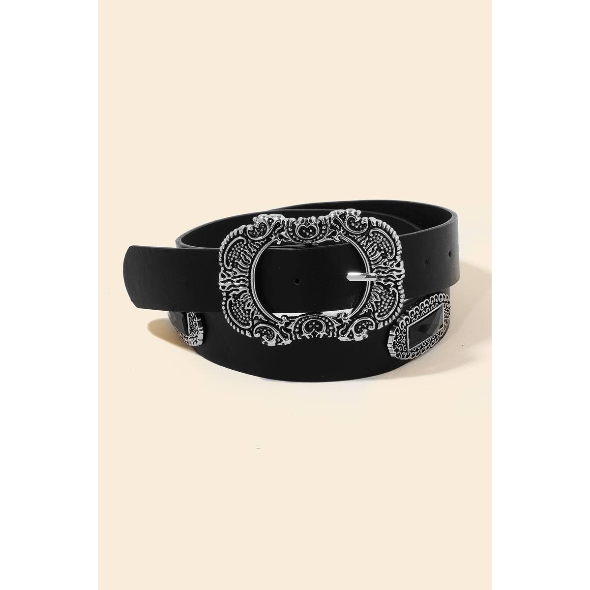 Embroidered Buckle Faux Leather Belt