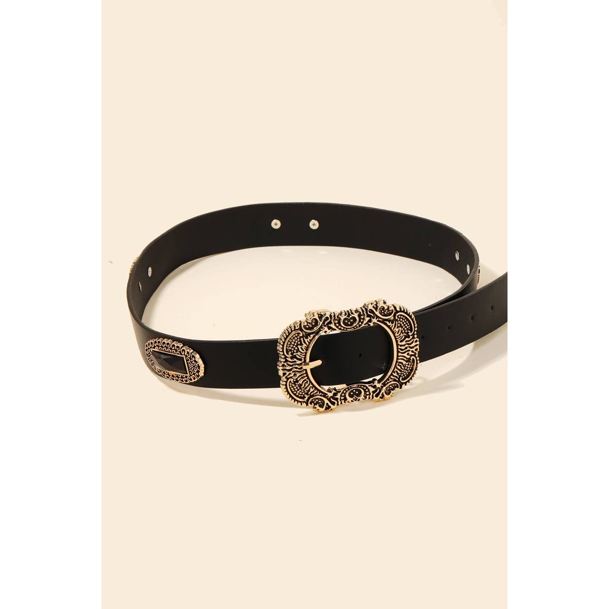 Embroidered Buckle Faux Leather Belt