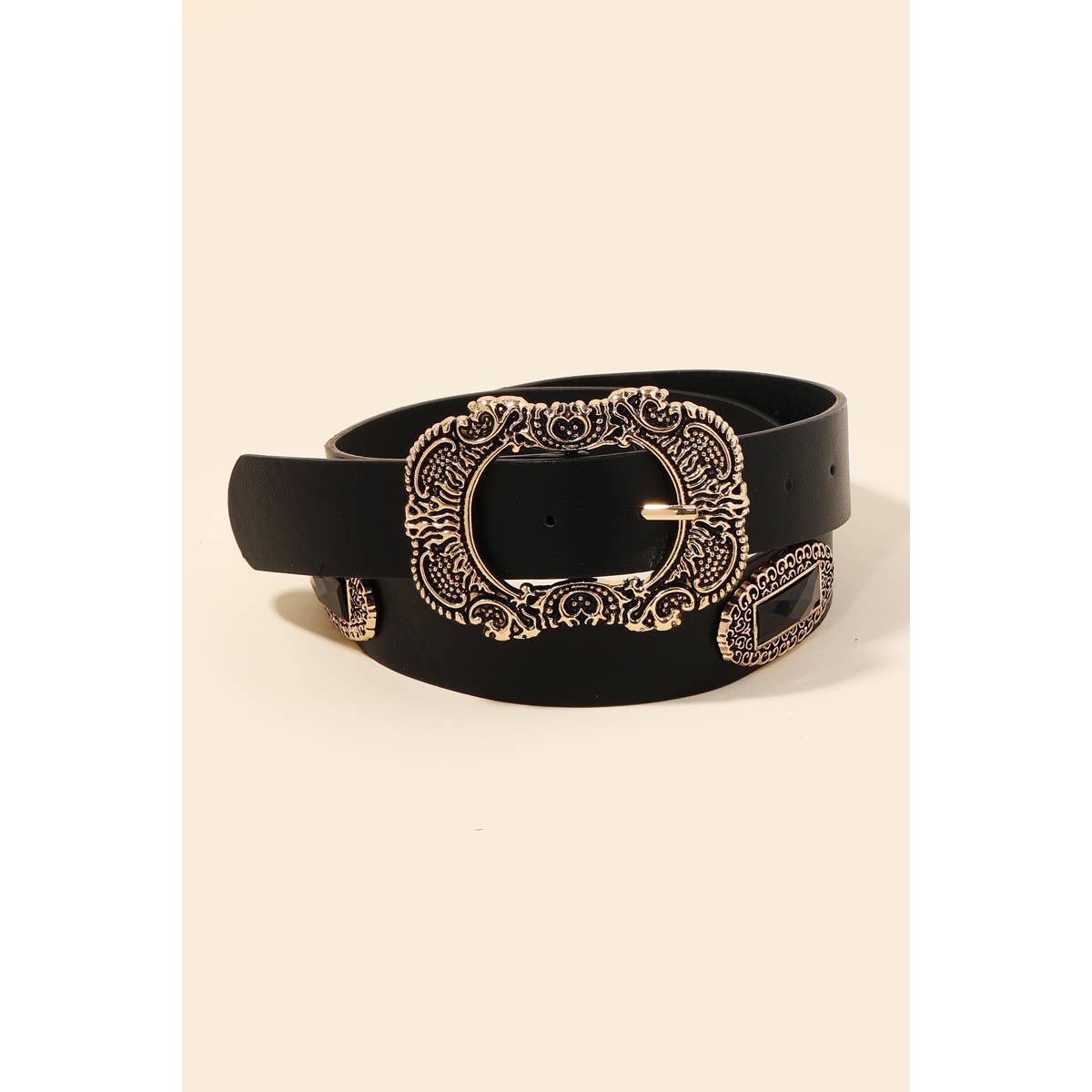 Embroidered Buckle Faux Leather Belt