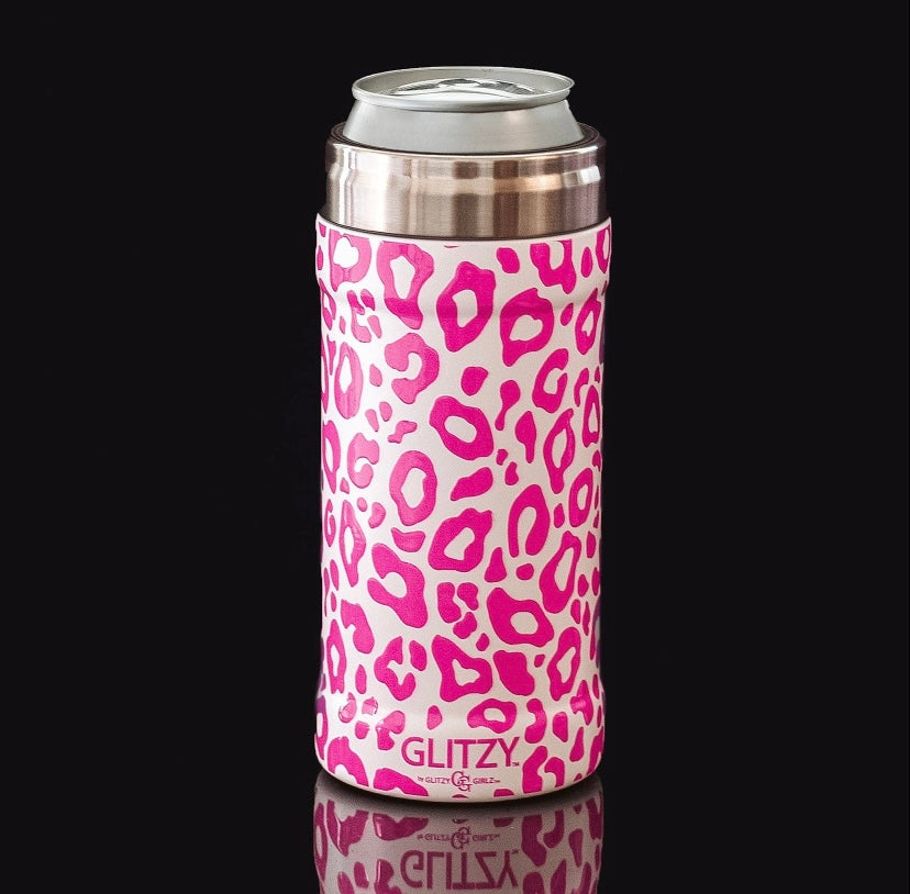 12 OZ. SKINNY CAN COOLER PINK ON WHITE LEOPARD