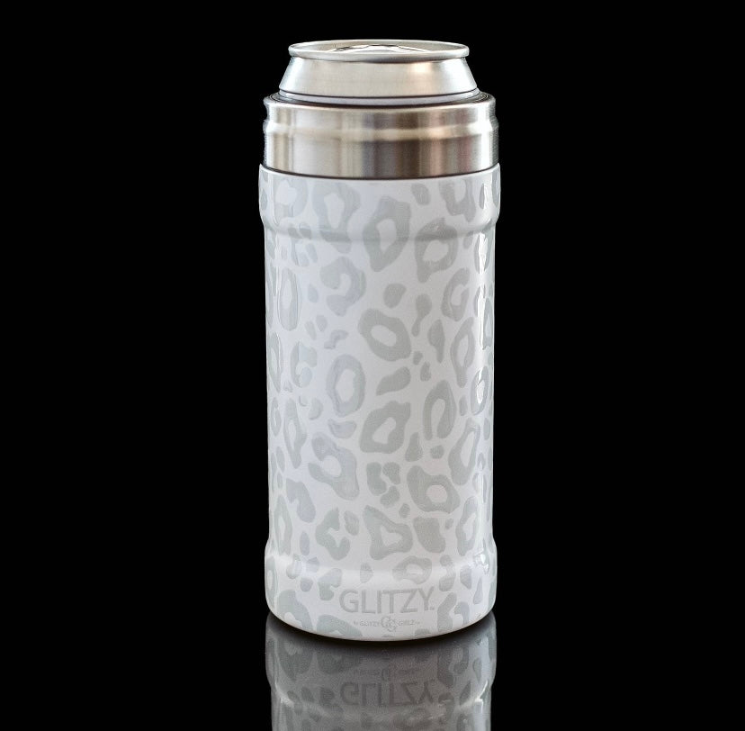 12oz. White on white leopard skinny can cooler